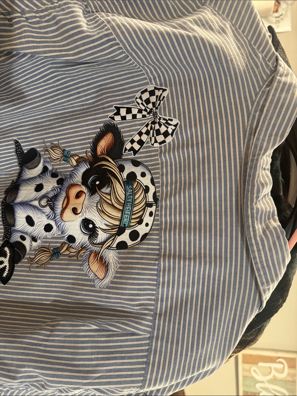 Blue & White Striped Tee with Cute Cow Graphic